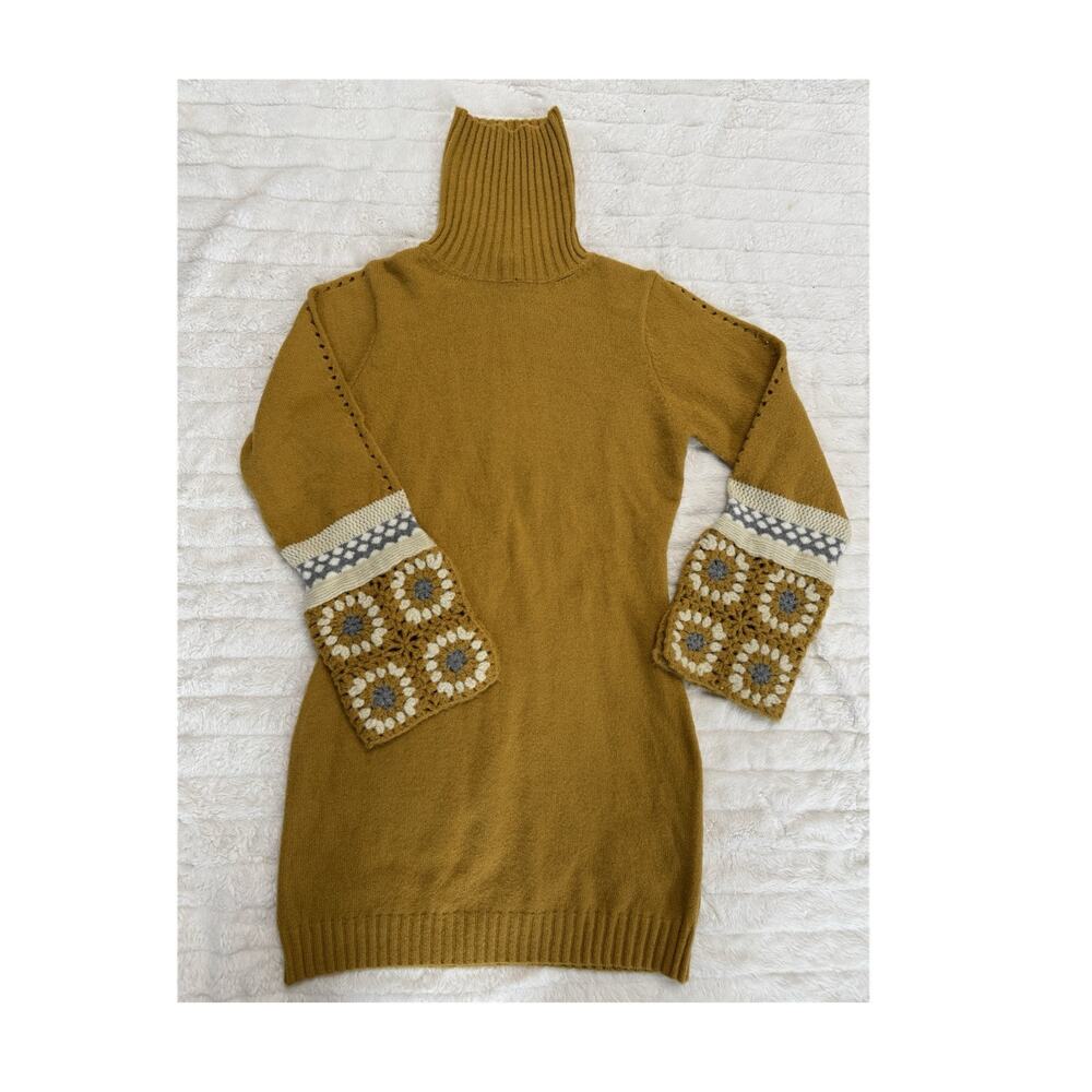 Lulus Mustard Yellow Turtleneck Sweater Dress Crochet Cuffs Granny Square Size L